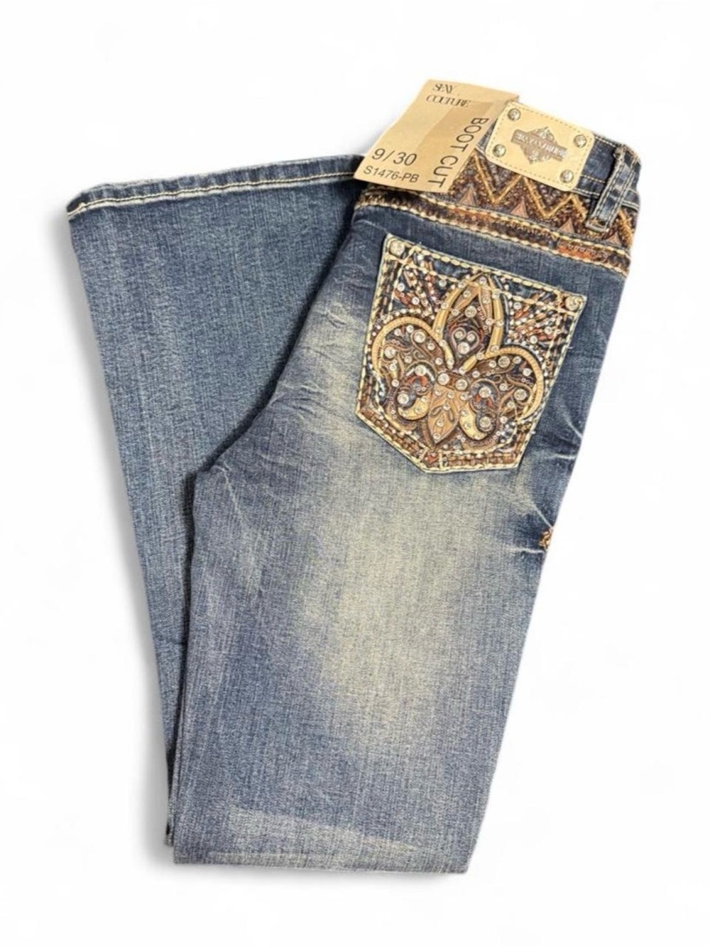 Sexy Couture blue jeans with gold and brown embroidery
